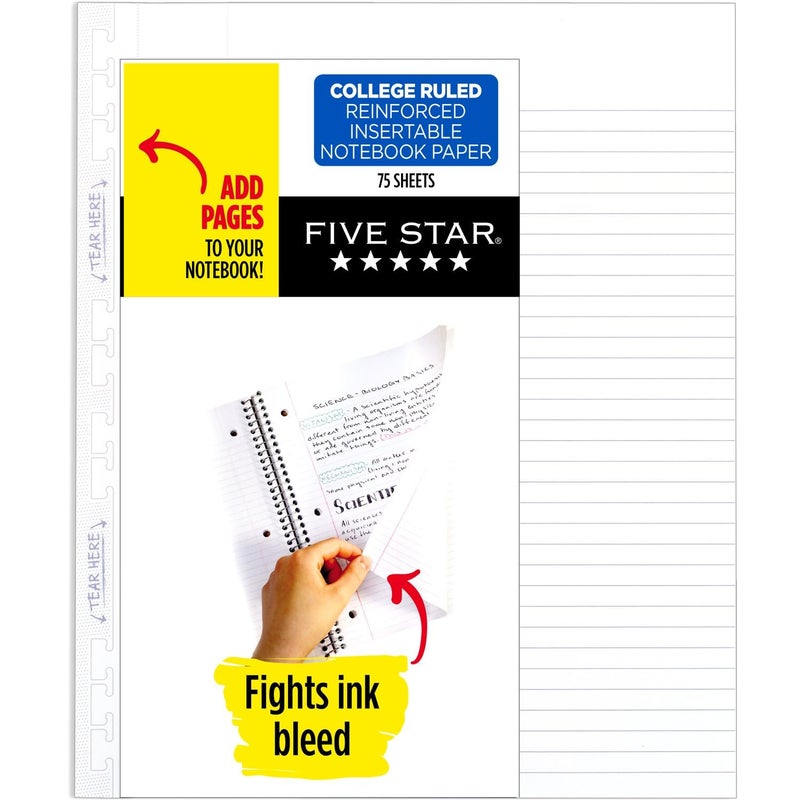 Five Star Loose Leaf Paper, College Ruled Insertable Notebook & Binder Filler Paper, 8-1/2" x 11", Reinforced T-Tabs, 75 Sheets (1037114) - Image 1